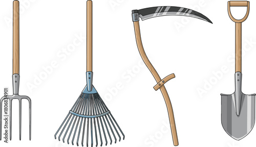Gardening tools vector illustration, pitchfork, rake, scythe, shovel, farming equipment, agriculture hand tools, flat style, CAD drawing