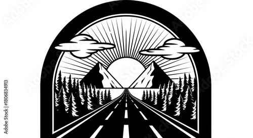Road Trip Adventure Emblem Sunrise Mountains Forest Highway Travel Journey Design Element