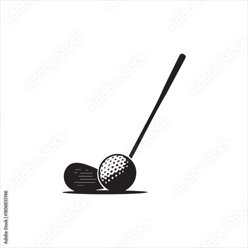 A black and white graphic of a golf club poised to strike a golf ball.