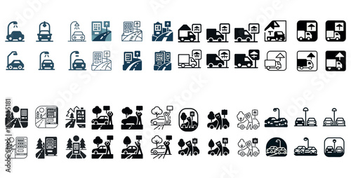 Set of urban transportation and smart city vehicle icons in various styles