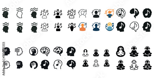 Mindfulness and music icons set with headphones, brains, and meditation silhouettes