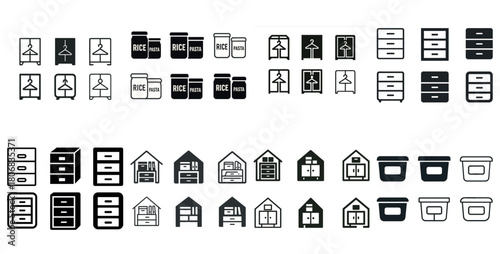 Monochrome icon set: wardrobe, jars, drawers, home, containers for organization