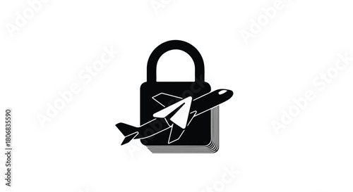 Airplane secured by a lock, symbolizing travel safety and security.