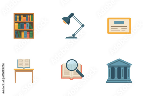 Study room icons, standing bookshelf, task lamp, name badge, reading desk, magnifier on book, classical courthouse building vector