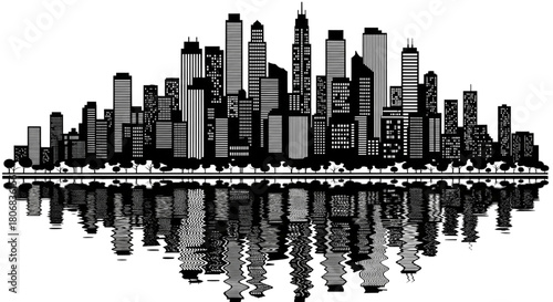 Monochrome City Skyline Reflection Water Urban Architecture Downtown Development Backdrop