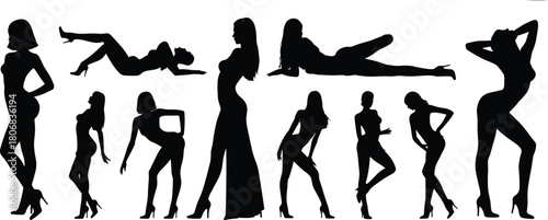 Sexy girl silhouette vector illustration set, fashion model woman posing in high heels, beautiful black female body figures collection