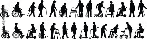 Senior people and disabled persons silhouette set, elderly using wheelchair walker cane and scooter for mobility, vector collection