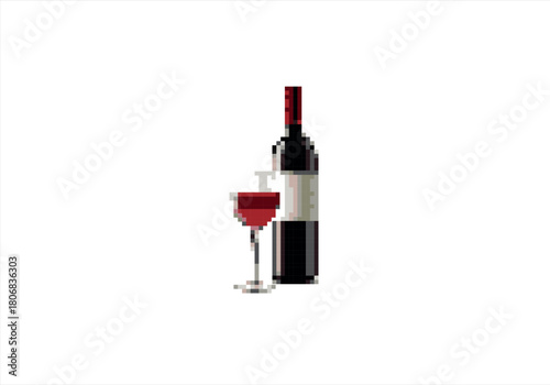 Pixel Art Red Wine Bottle and Glass. 8 bit. Game development, mobile app. Isolated vector illustration.