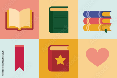 Book lover tiles, open volume, closed hardcover, stacked novels, ribbon bookmark, starred journal, heart icon, colorful education vector