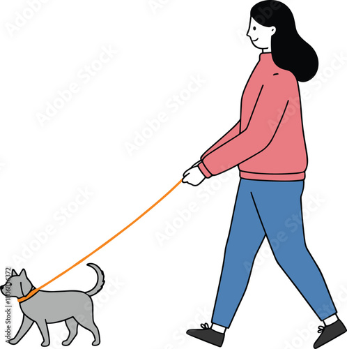 Person walking dog, pet care, outdoor activity, lifestyle illustration, vector art, leash, casual walk, dog owner, simple design, everyday