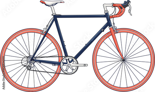 Road bike flat vector illustration of modern racing bicycle with drop handlebars, thin tires and blue orange frame isolated on white background,