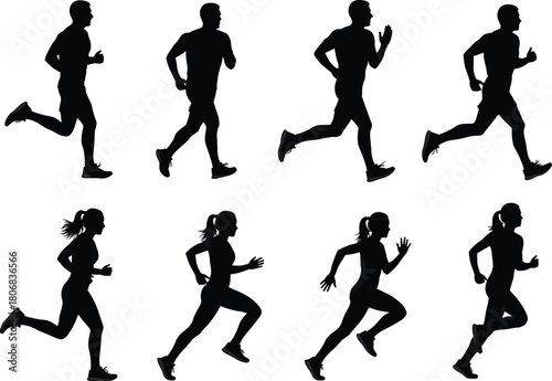 Running silhouette set, male and female jogger vector collection, marathon sprinter icons, and fitness training illustration.
