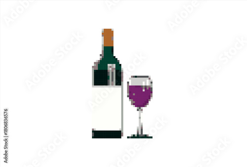 Pixel Art Red Wine Bottle and Glass. 8 bit. Game development, mobile app. Isolated vector illustration.