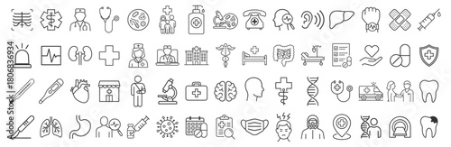 Medical and health care icon set, including doctor, hospital, treatment, pharmacy, nurse, pills, organs and research symbols on transparent background