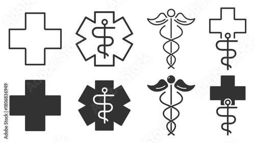 Medical cross and classic healing symbols including staff of Asclepius and caduceus on transparent background