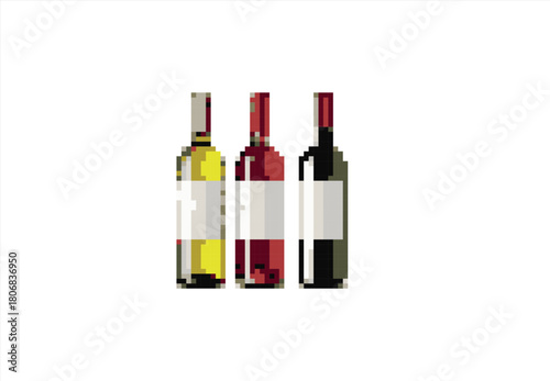 Pixel Art Collection of Wine Bottles. 8 bit. Game development, mobile app. Isolated vector illustration.