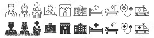 Doctor, nurse, hospital and patient care symbols including beds, ambulance and medical services on transparent background