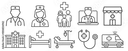 Doctor, nurse, hospital and patient care symbols including beds, ambulance and medical services on transparent background