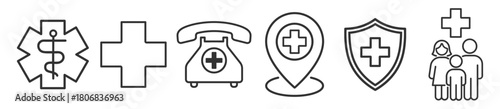 Medical cross and emergency support symbols with shield, phone and family protection on transparent background