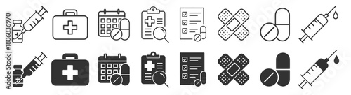 Medical treatment symbols including syringe, pills, first aid kit and checklist on transparent background