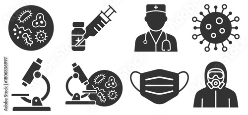 Virus and microbiology symbols with vaccine, microscope and protective mask on transparent background