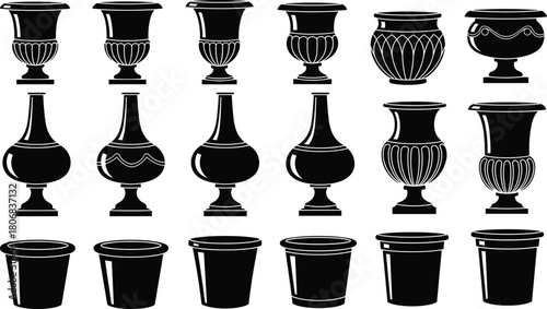 Elegant decorative flower pot and vase silhouette collection featuring classic, modern, and ornamental container designs for gardening, home decor, and illustration projects.
