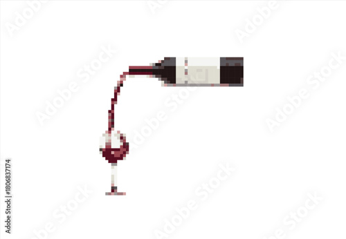 Pixel Art Red Wine Pouring from Bottle into Glass. 8 bit. Game development, mobile app. Isolated vector illustration.