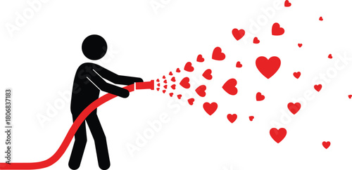 Silhouette person, spraying hearts, love concept, vector illustration, emotional expression, red hose, kindness art, romantic gesture, abstract, creative