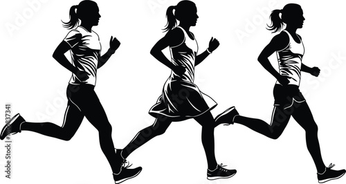 Three running women silhouettes, female joggers in sports outfits, vector side view illustration of athletes training.