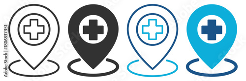 Medical map pin with cross mark location for health care on transparent background