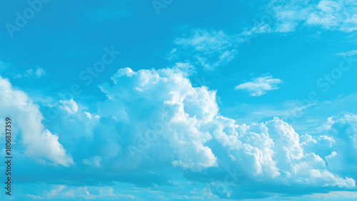 Bright blue sky with fluffy white cumulus clouds on a sunny clear day backdrop.