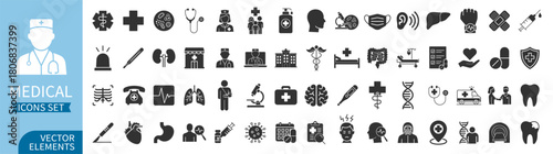 Medical healthcare icon set with doctor symbols, organs, equipment, emergency elements and hospital signs on transparent background