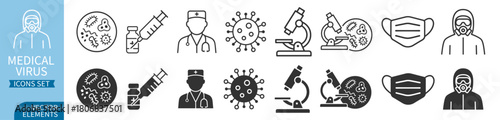 Medical virus and laboratory research icon set with syringe, mask, microbe and protective suit elements on transparent background