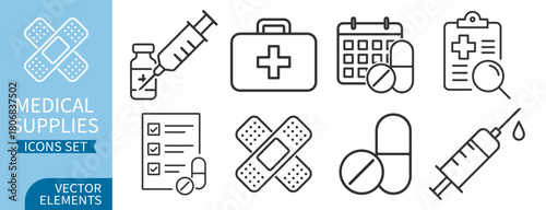 Medical supplies icon set with syringe, vial, pills, bandage, first aid kit and checklist elements on transparent background