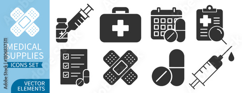 Medical supplies silhouette icon set with pills, syringe, vial, bandage, first aid kit and checklist on transparent background