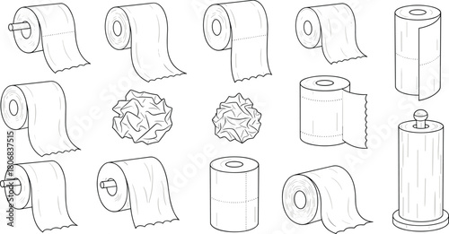 Toilet paper roll icons, hygiene product vector set, crumpled paper sketch, household item illustration, cad drawing flat vector illustration
