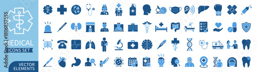 Medical and health care icon set, including doctor, hospital, treatment, pharmacy, nurse, pills, organs and research symbols on transparent background