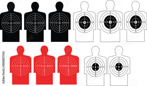 Vector collection of human silhouette shooting targets featuring black, red, and outline styles with numbered bullseye rings.