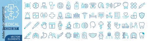 Large medical icon set with doctors, organs, equipment, hospital symbols, pills, syringe and emergency elements on transparent background