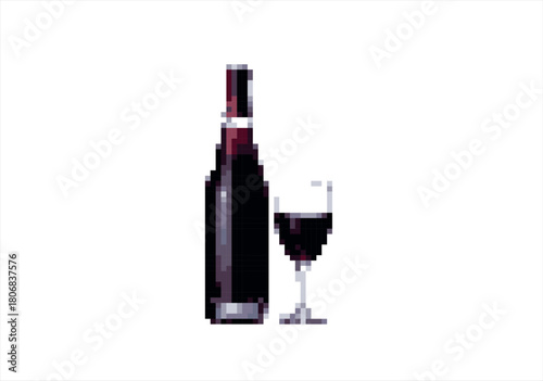 Pixel Art Red Wine Bottle and Glass. 8 bit. Game development, mobile app. Isolated vector illustration.