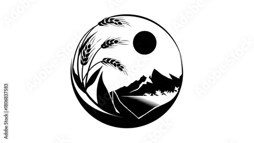 Rustic Agriculture Emblem Wheat Harvest Landscape for Farming Food Industry Branding Design