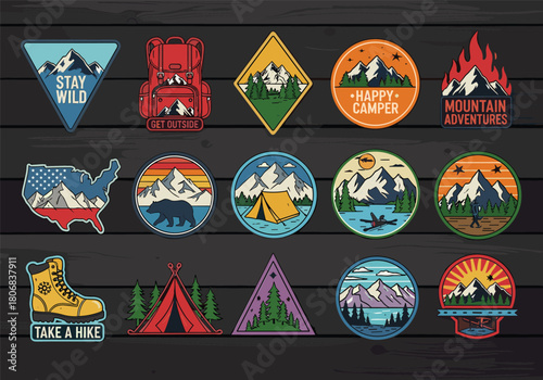 Vintage outdoor adventure badges set, camping and hiking patches collection, retro mountain travel stickers, vector illustration on dark wooden background