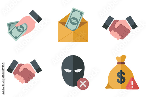 Anti bribery symbols, cash handoff into envelope, business handshake, criminal mask crossed, warning money sack, ethical compliance vector