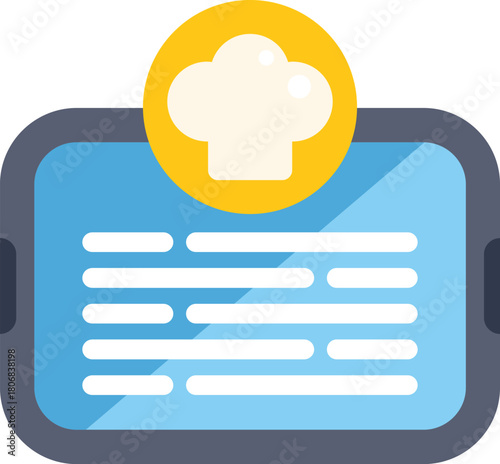 Chef hat icon is appearing on a mobile phone with a blue screen, suggesting online cooking instructions