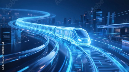 Blue light effect abstract main visual, a high-speed train from the curve from the top left corner to the bottom right corner