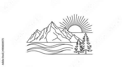 Minimalist Mountain Lake Sunrise Line Art Logo Design for Outdoor Adventure Travel Tourism Branding