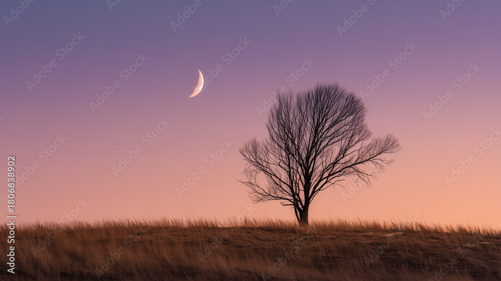 Fototapeta premium 月と枯れ木が静けさをつくる丘の景色