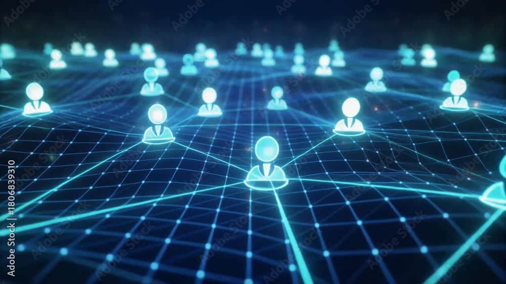 Digital network of glowing user icons connected by lines Keywords ...