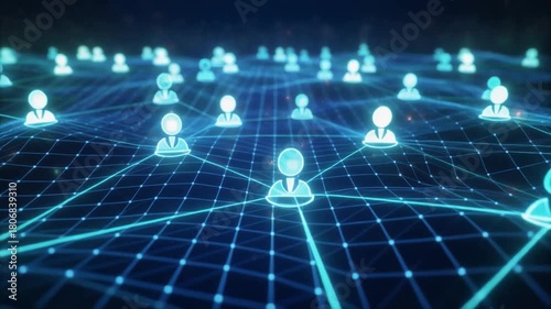 Digital network of glowing user icons connected by lines Keywords: network, connection, technology, communication, data, digital, abstract, glowing, blue, light, grid, people, icons, users, social