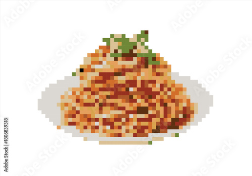 Pixel Art Pasta Bowl and Basil. 8 bit. Game development, mobile app. Isolated vector illustration.